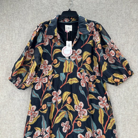 NWT Umgee Tiered Midi Dress LARGE Floral Puff Sleeve Black Multi Color Botanical - Picture 3 of 10